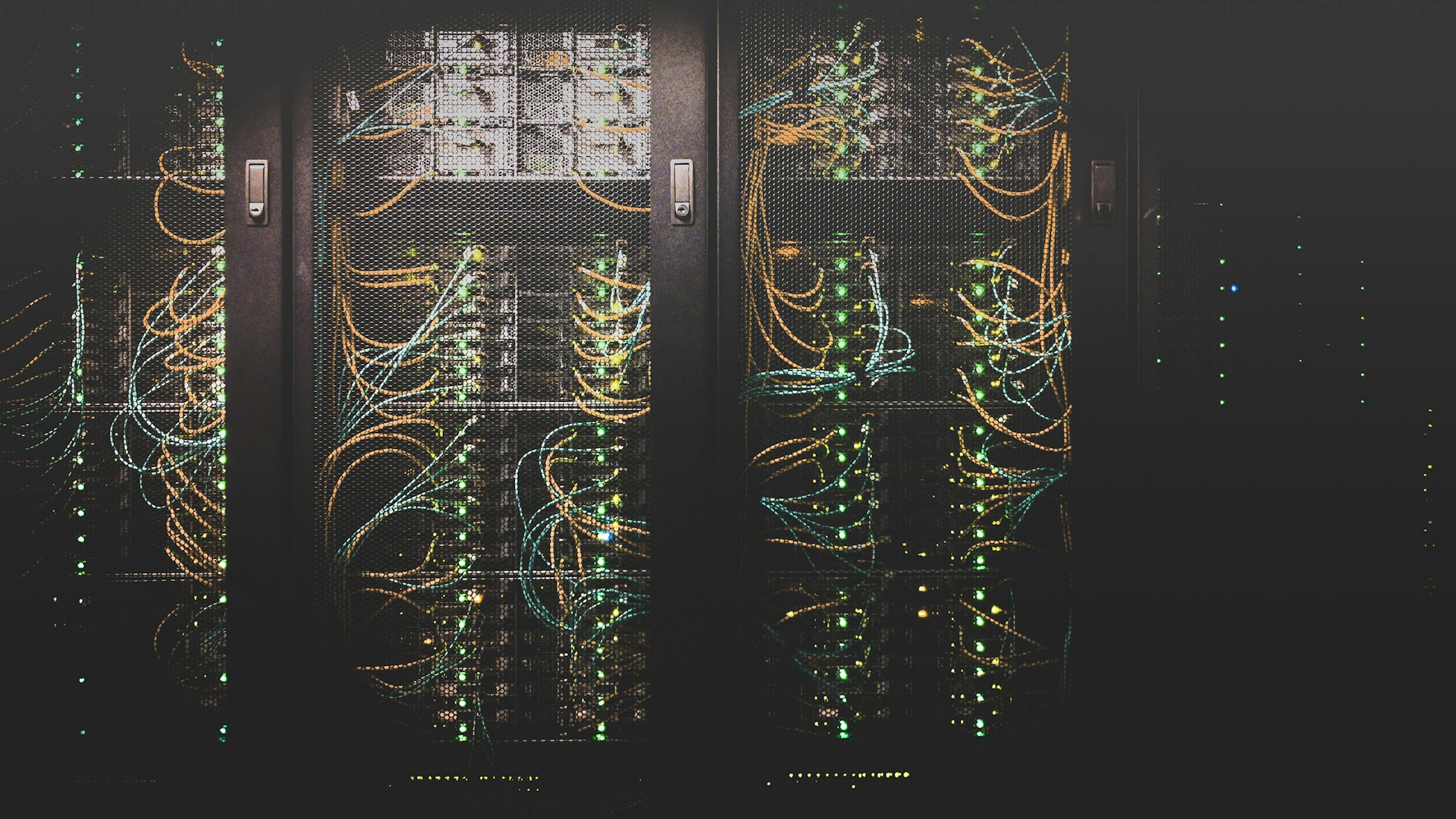 Glowing server racks with streaming data-flow light trails, representing the GPU compute behind Qtum.ai video generation.